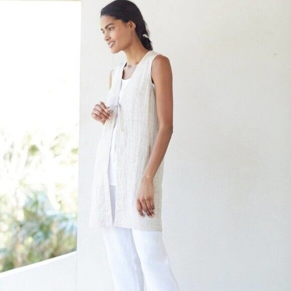 J. Jill 100% Linen Tunic Duster Sleeveless Vest Tan Women's Size Large H14872 - Picture 7 of 11